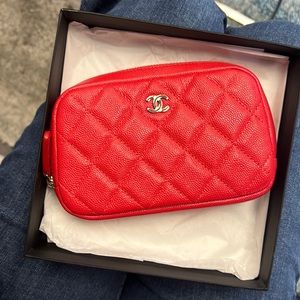 CHANEL Lambskin Quilted Small Curvy Pouch Cosmetic Case Red